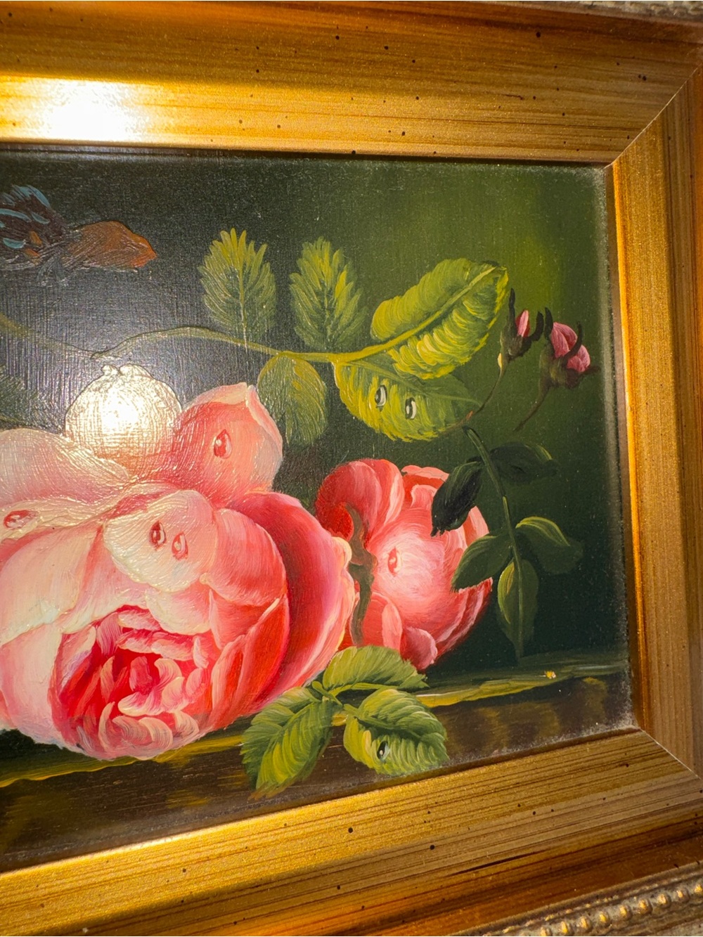 Antique Framed Floral Oil Painting with Pink Roses - Picture 9 of 9